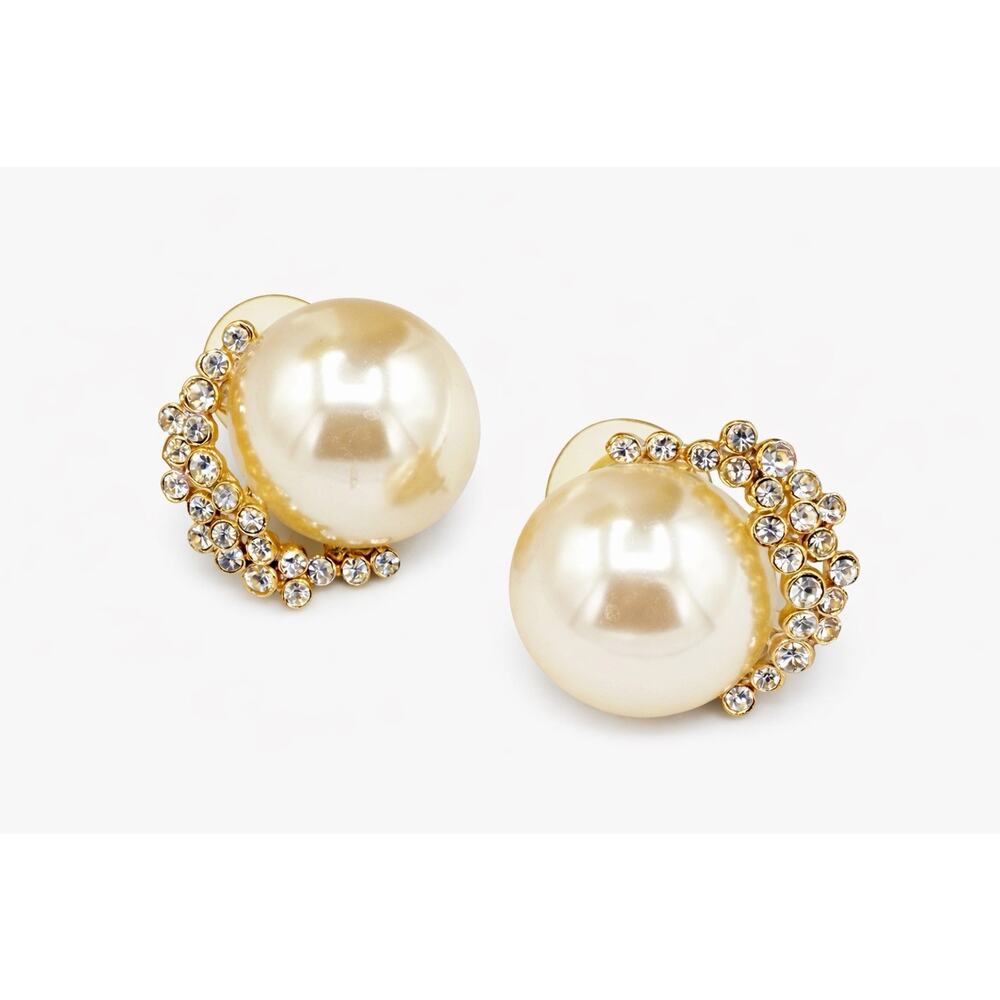 Vintage Faux Pearl Rhinestone Earrings Gold Tone Studs Dome Pearl 80s Glam